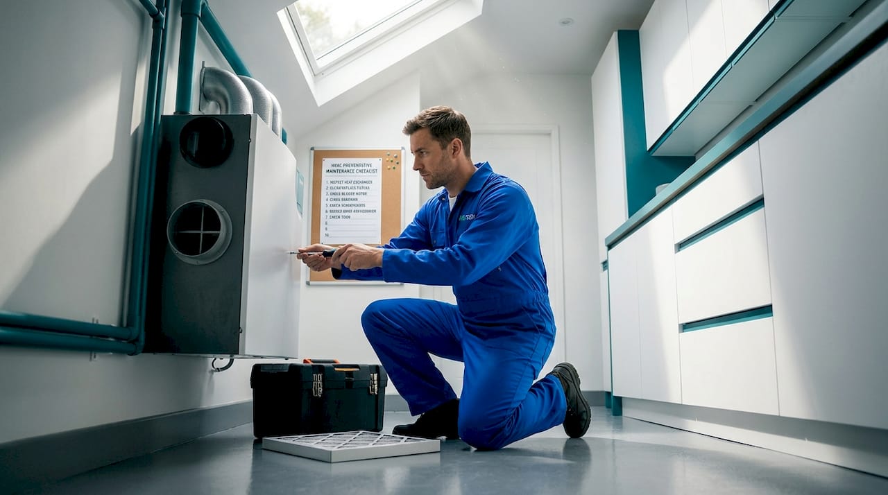 Technician servicing home heat recovery ventilator