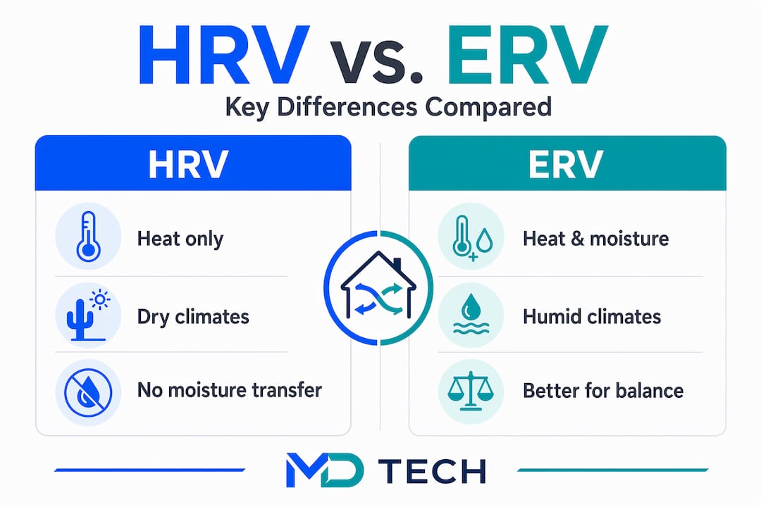 Infographic comparing HRV and ERV heat recovery systems
