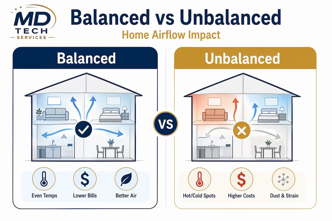 Infographic comparing balanced and unbalanced home airflow