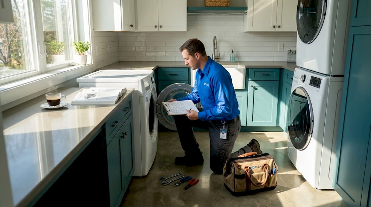 Technician checks clipboard beside open dishwasher