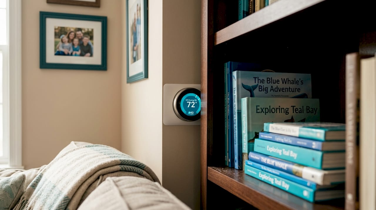 Thermostat obscured by bookshelf in cozy family room