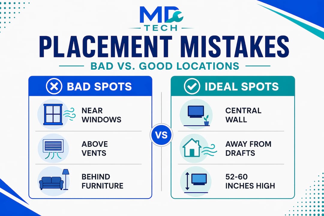 Infographic comparing good and bad thermostat locations