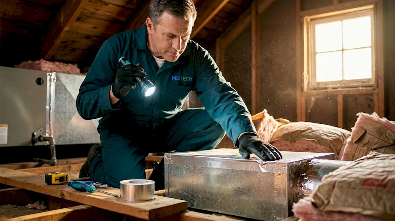 Technician inspects HVAC plenum box in attic
