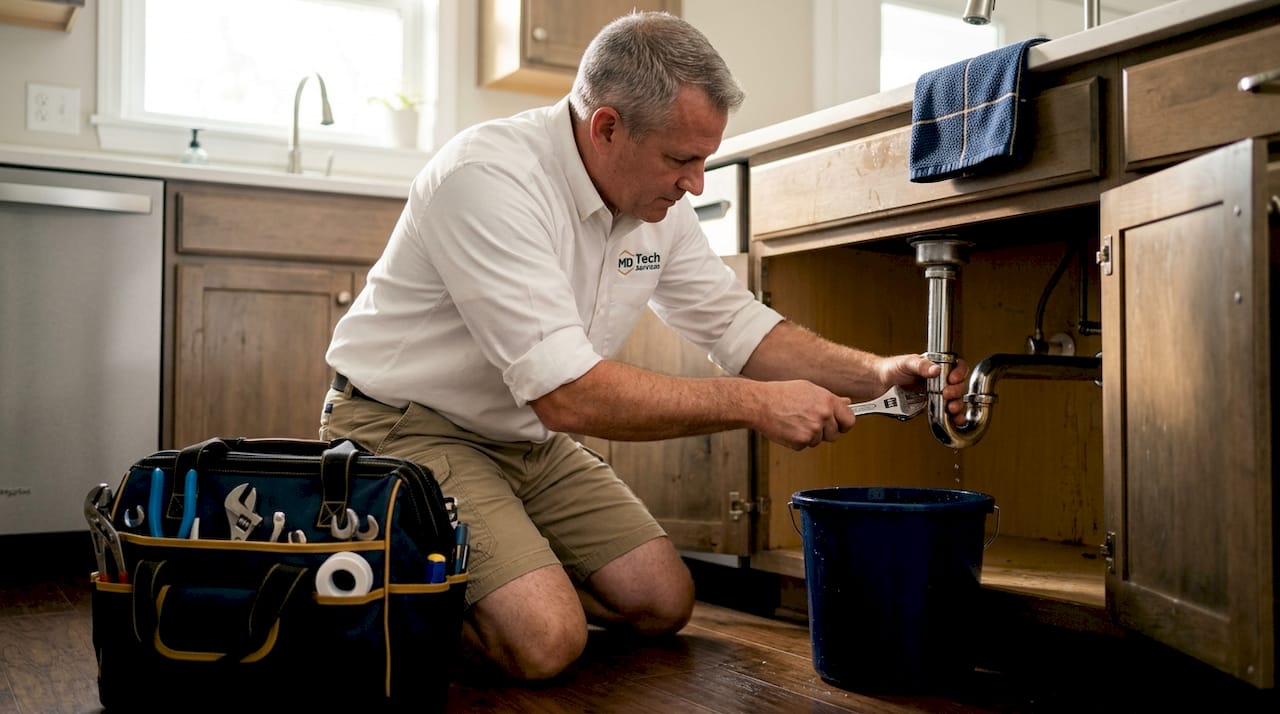 Man repairing leak beneath kitchen sink