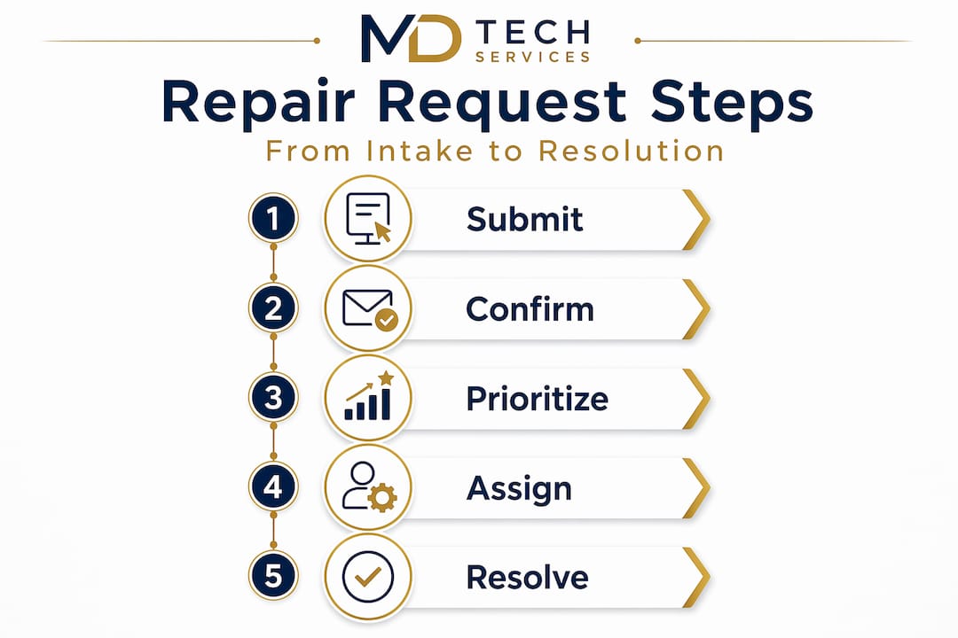 Infographic outlining repair request workflow steps