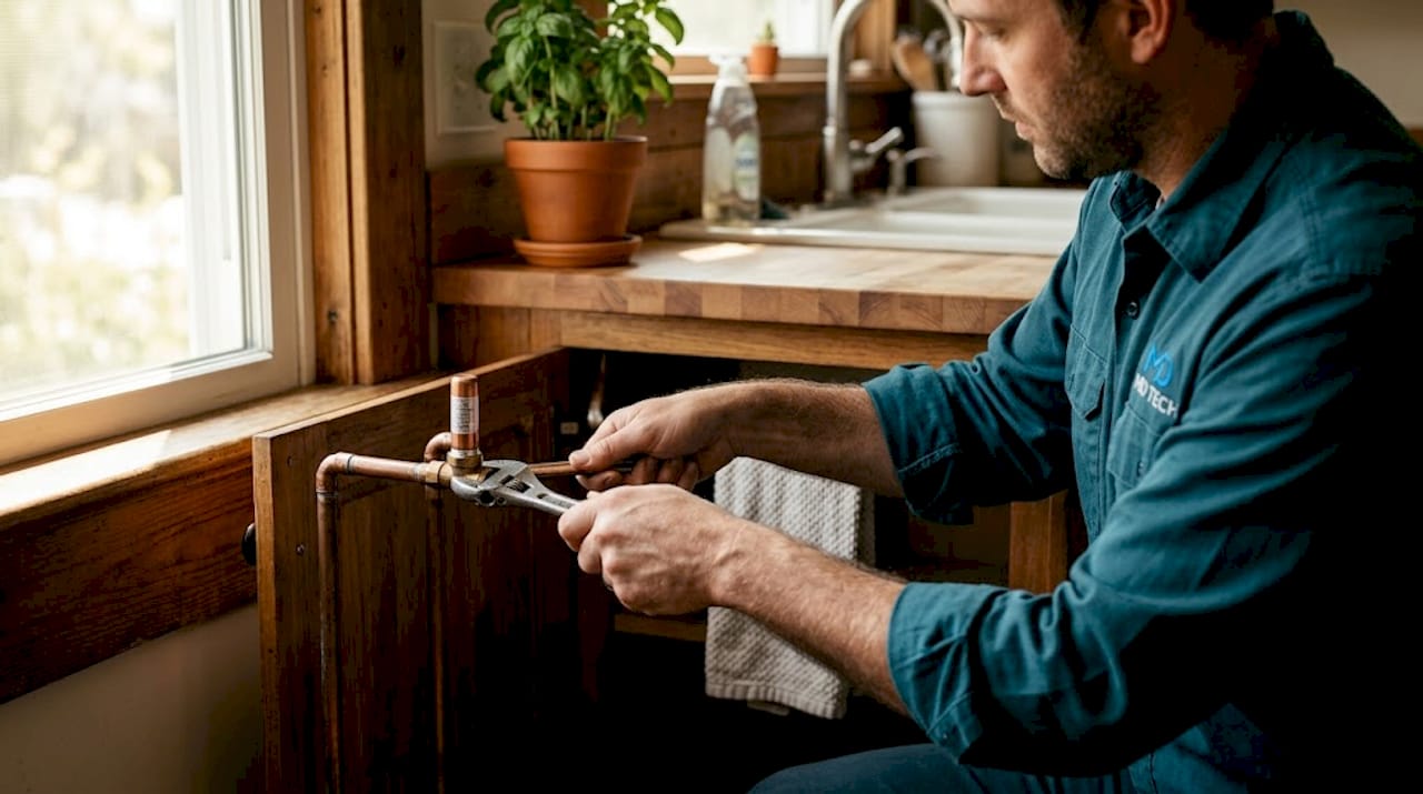 Plumber installing water hammer arrestor under sink