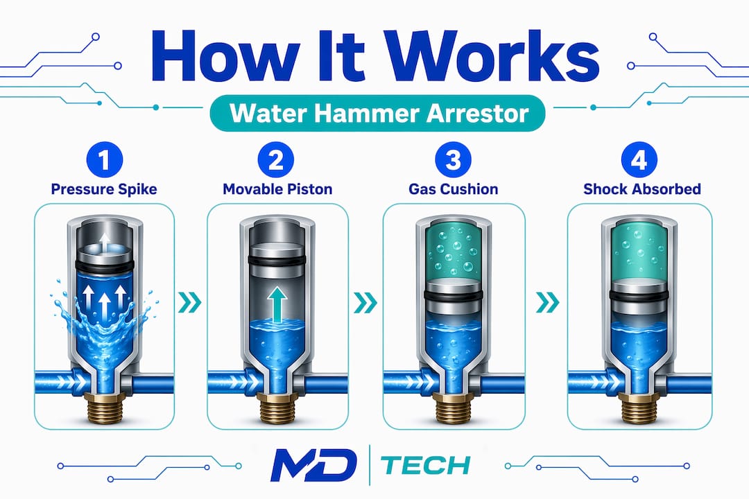 Infographic showing how arrestor absorbs pipe shock