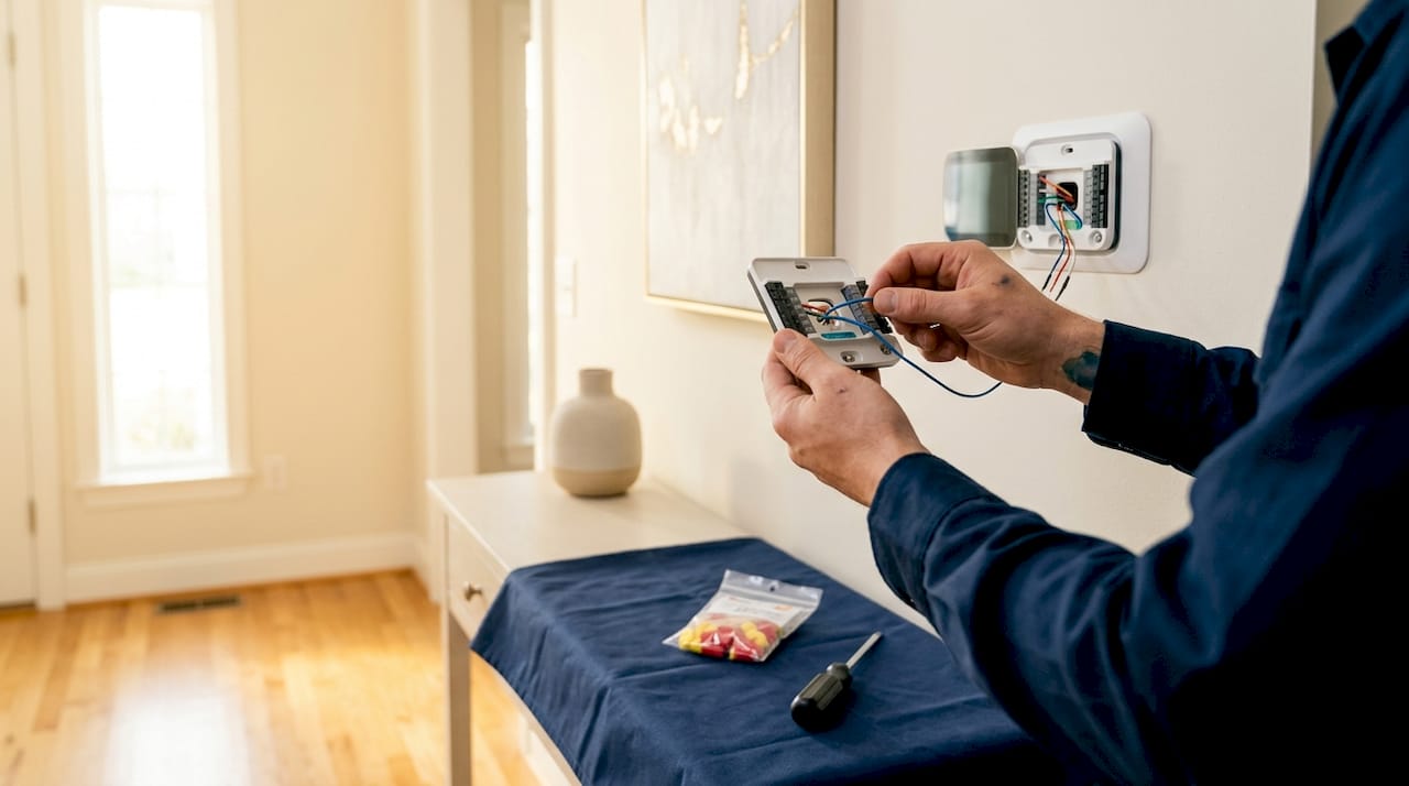 Close-up C-wire smart thermostat installation