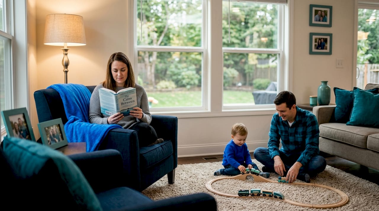 Family relaxes in bright, well-ventilated living room