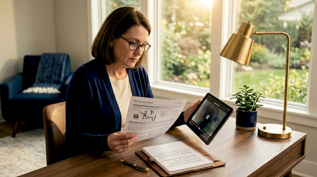 Homeowner reviews pipe inspection report at kitchen table