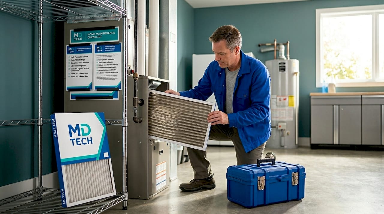 Homeowner replacing furnace air filter