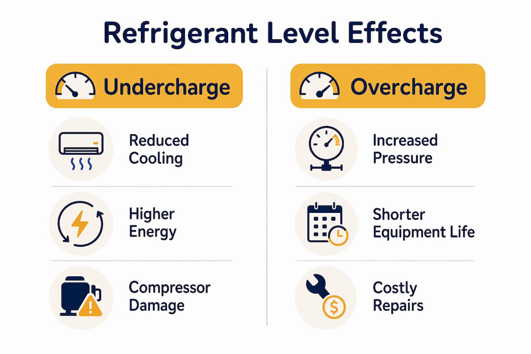 Infographic comparing undercharge and overcharge effects on AC performance
