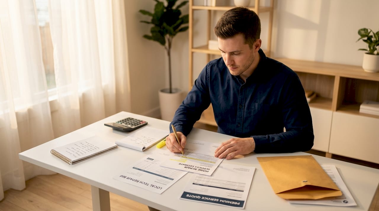 Technician comparing home repair quotes