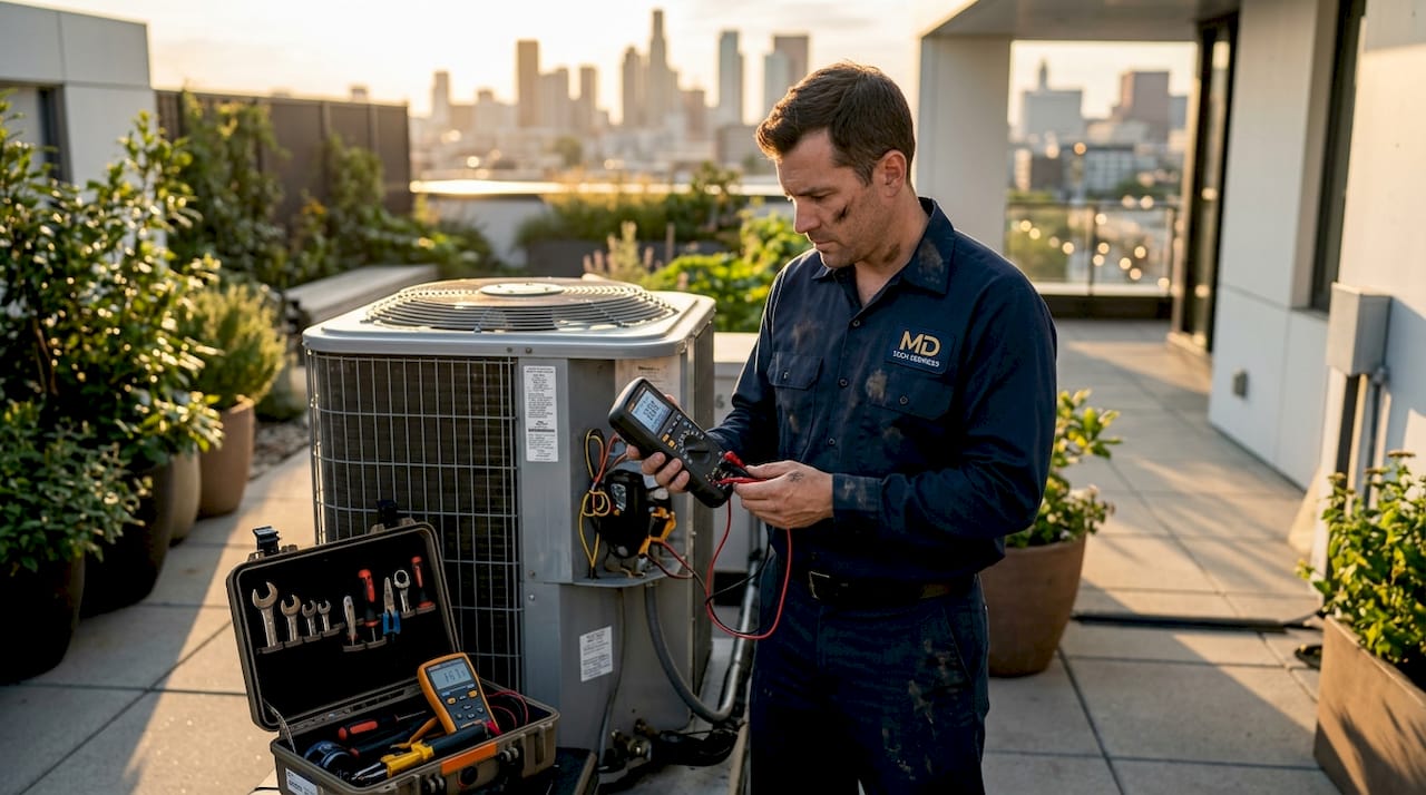 Technician inspecting HVAC compressor outdoors