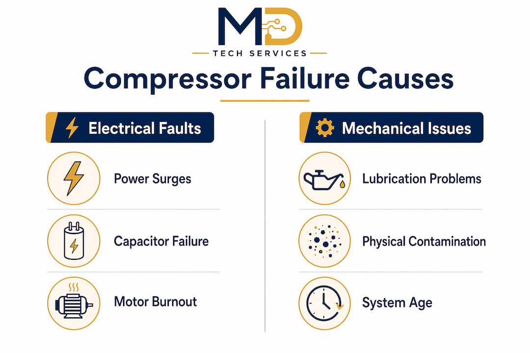 Infographic comparing electrical and mechanical compressor failure causes
