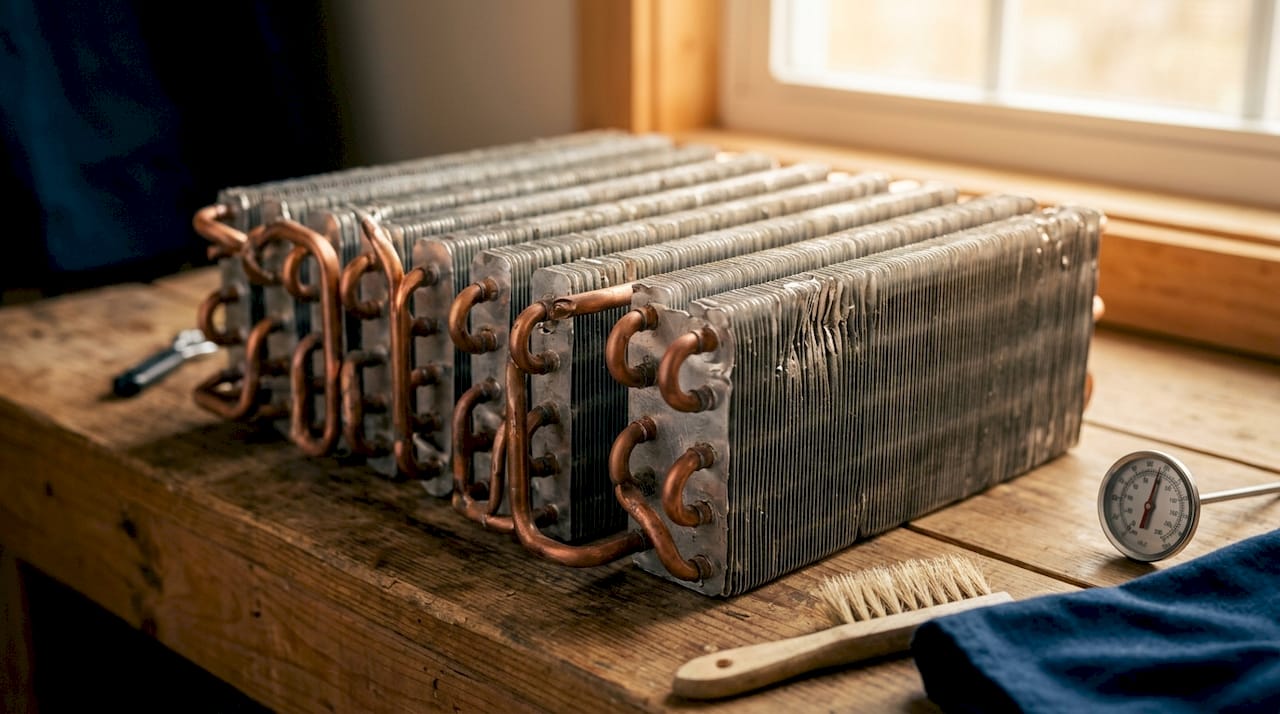 Copper serpentine condenser coil on workbench