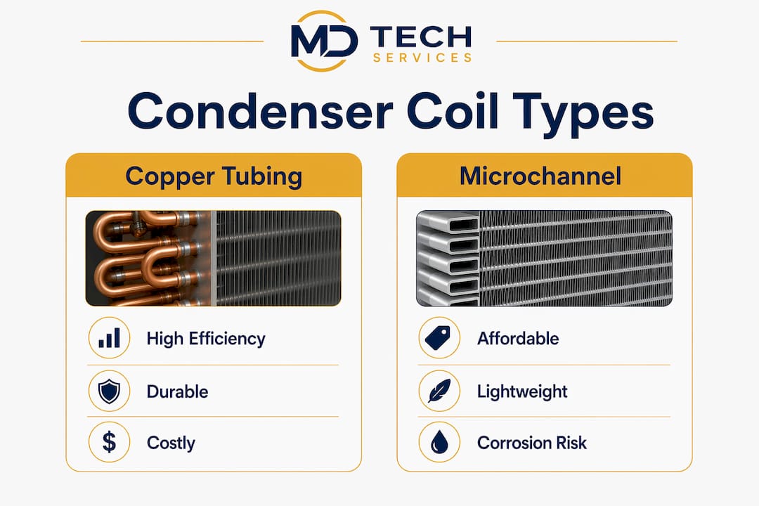 Infographic comparing copper tubing and microchannel condenser coils