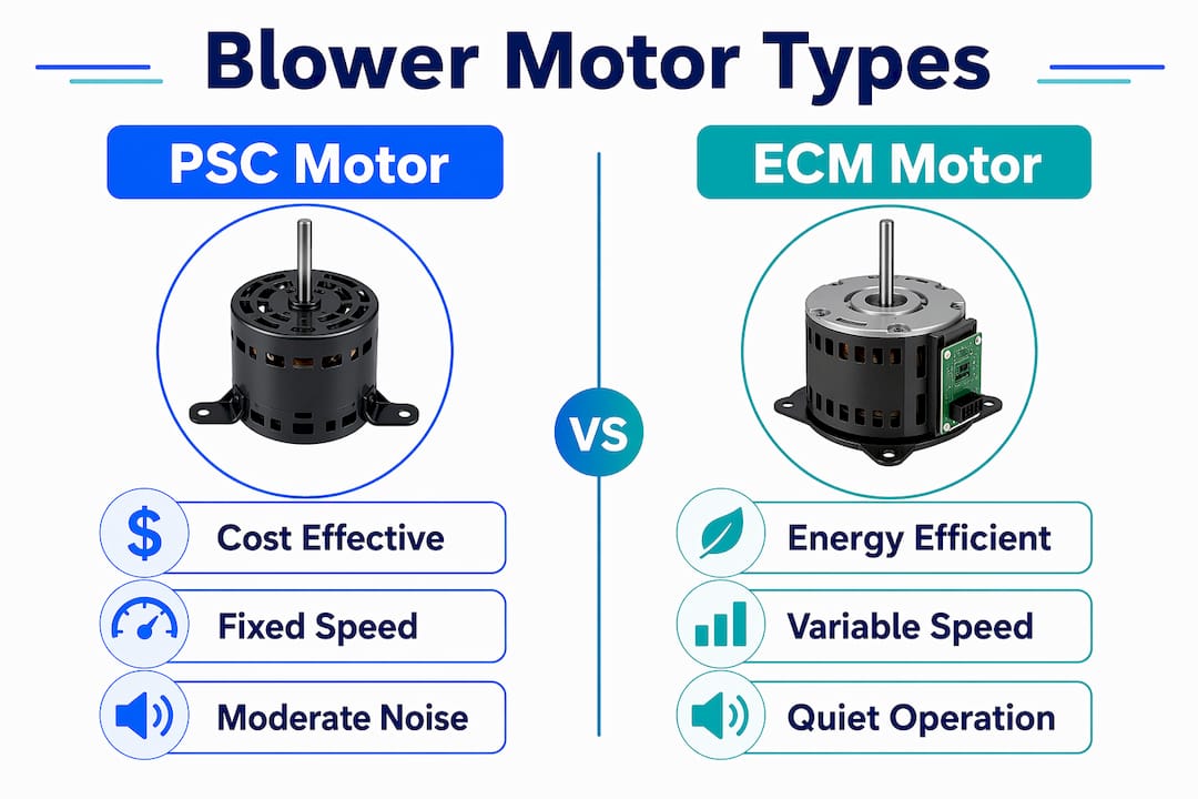 Comparison infographic of PSC vs. ECM blower motors
