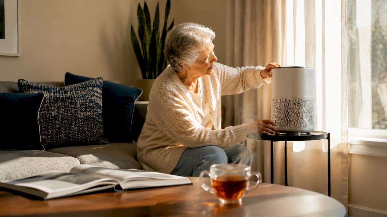 Elderly woman operating air purifier in living room