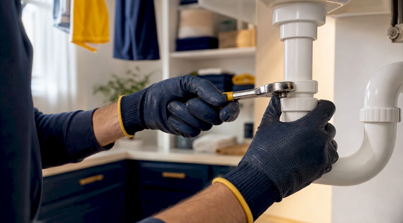 Plumber tightening pipe joint in basement
