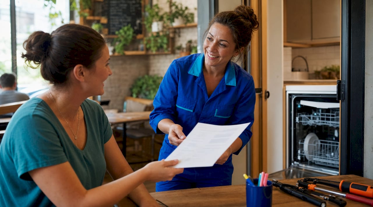 Technician giving service guarantee document to homeowner