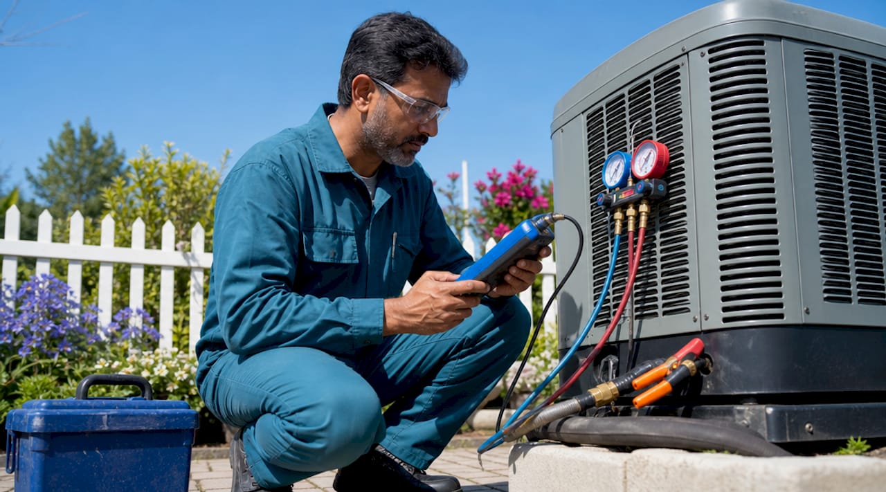 Technician measuring HVAC subcooling outdoors