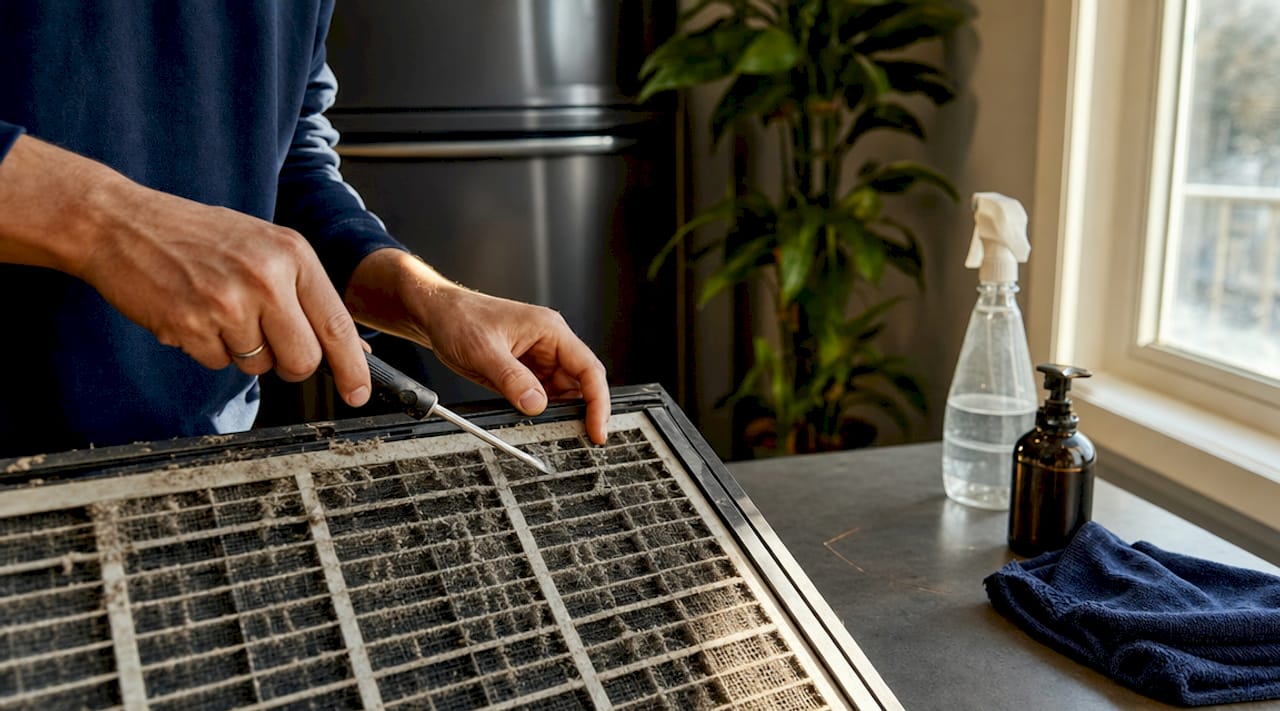 Close-up of hands cleaning HVAC air filter