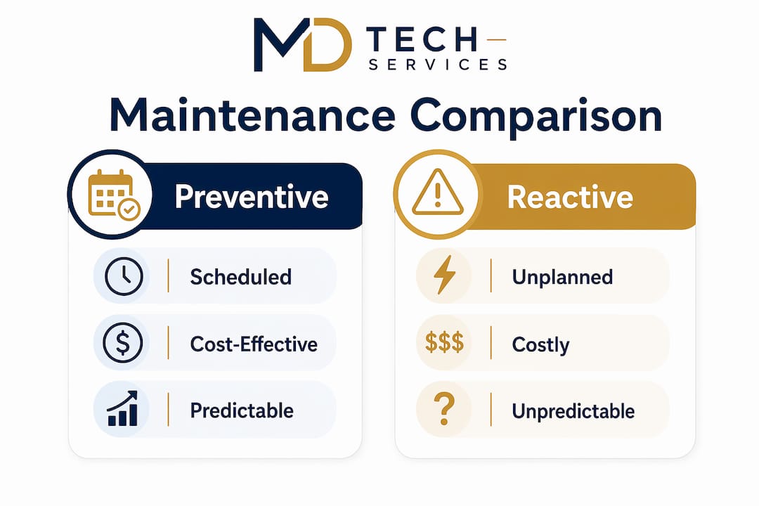 Infographic comparing preventive and reactive maintenance