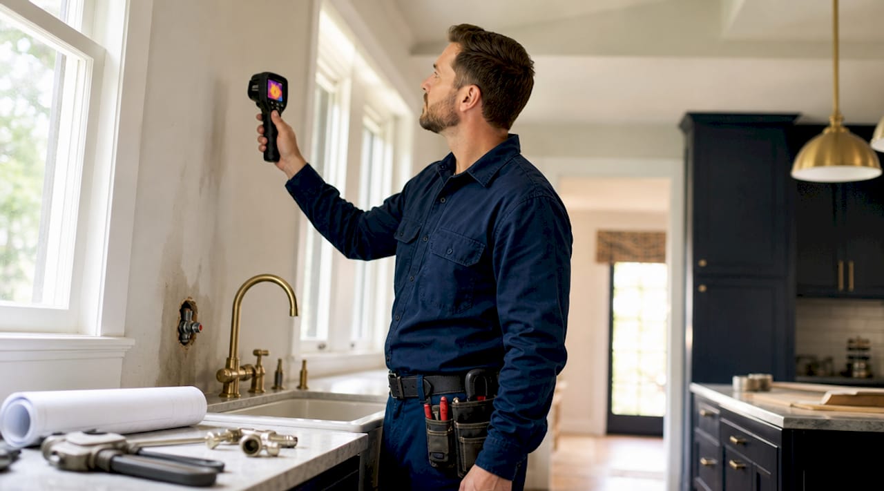 Plumber using thermal camera in home hallway