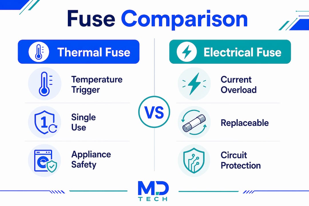 Infographic comparing thermal fuses and electrical fuses