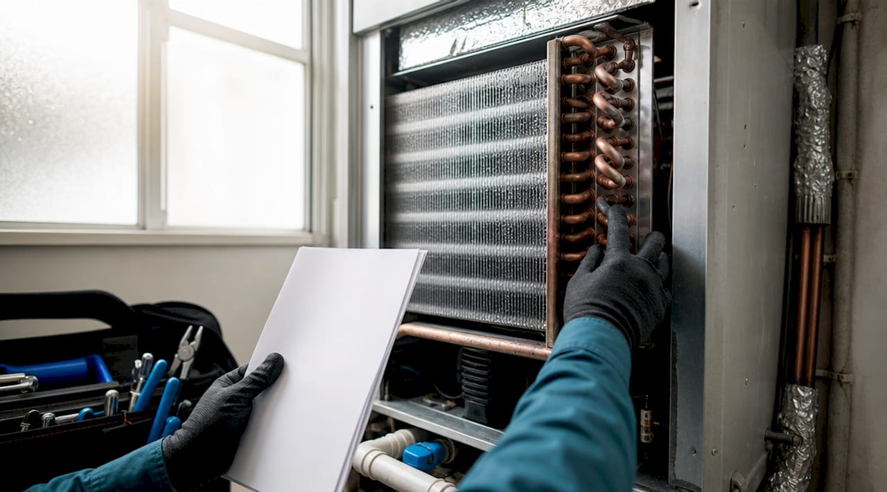 Close-up of evaporator coil inside home HVAC unit