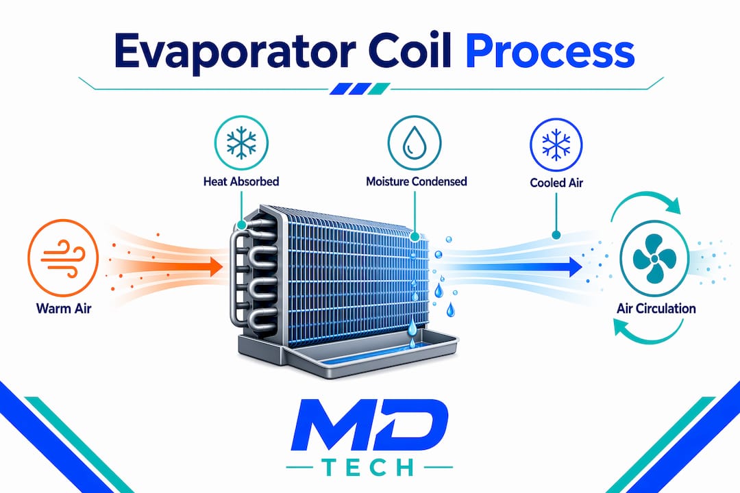 Infographic showing evaporator coil operation steps