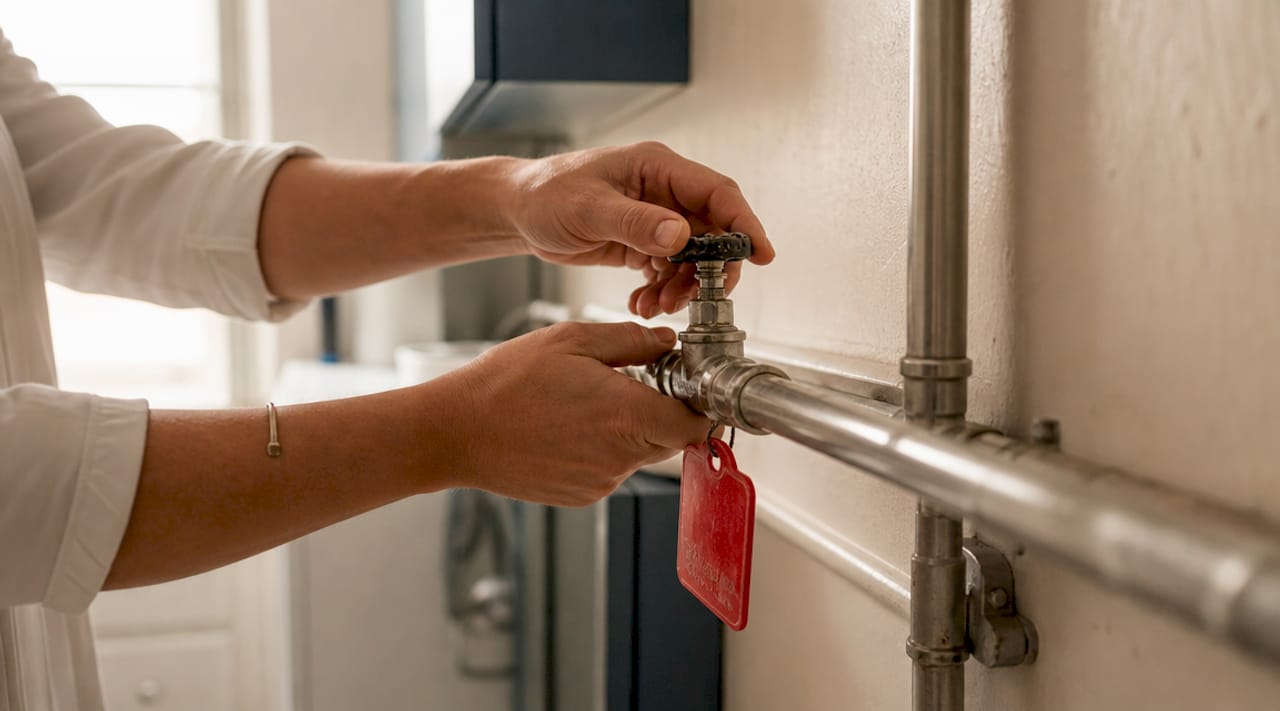 Hands turning labeled main water shutoff valve