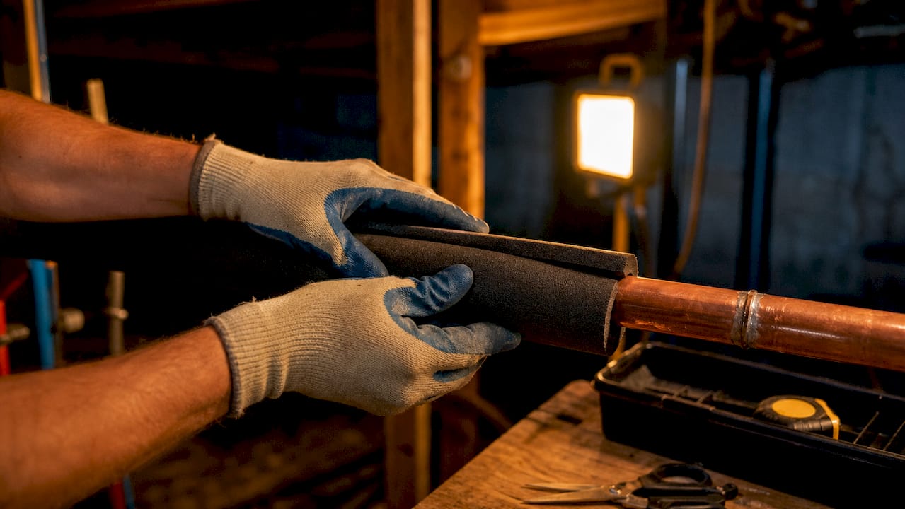 Hands installing foam pipe insulation sleeve on pipe