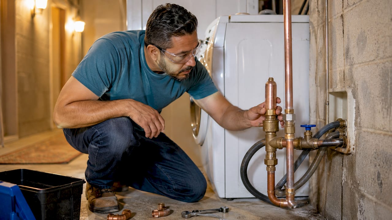 Plumber inspecting water hammer arrestor on pipes