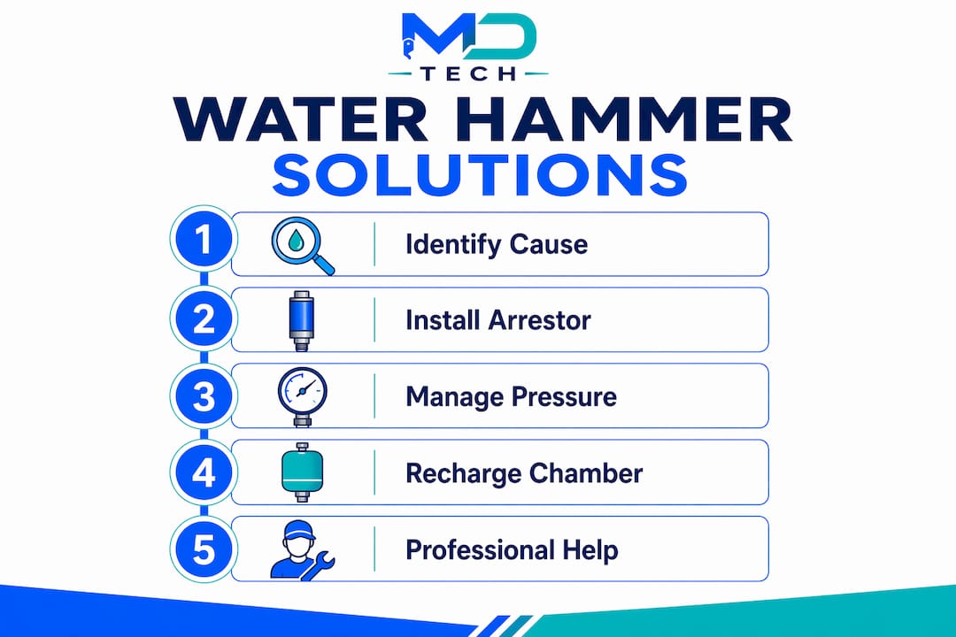 Infographic outlining water hammer solutions steps