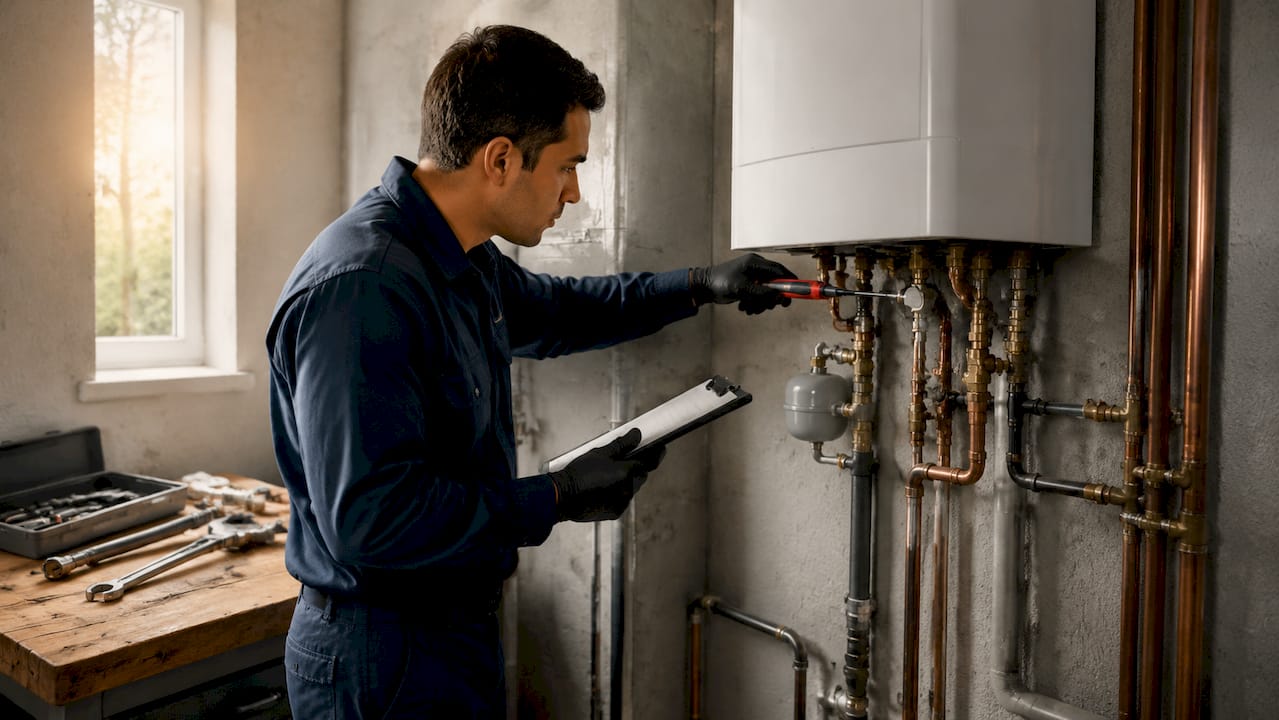 Technician inspecting gas boiler in apartment