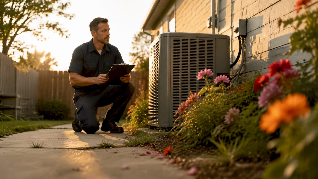Technician inspecting outdoor HVAC unit