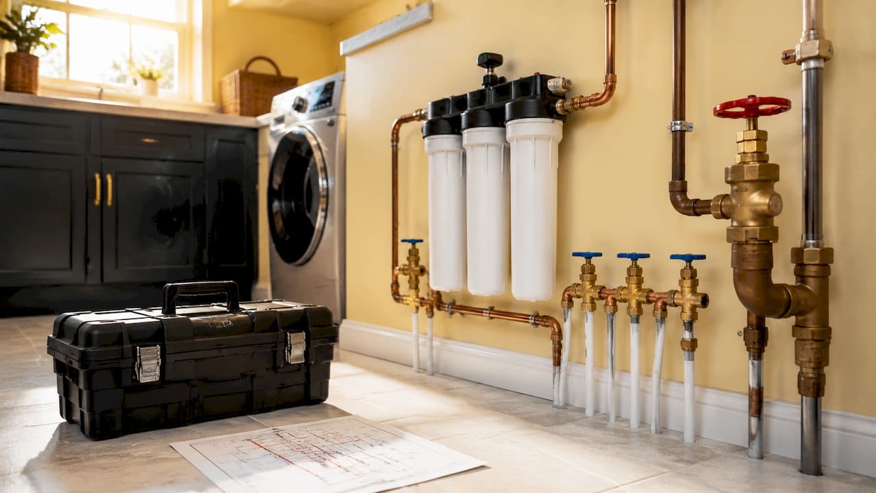 Close-up of multiple home plumbing shutoff valves