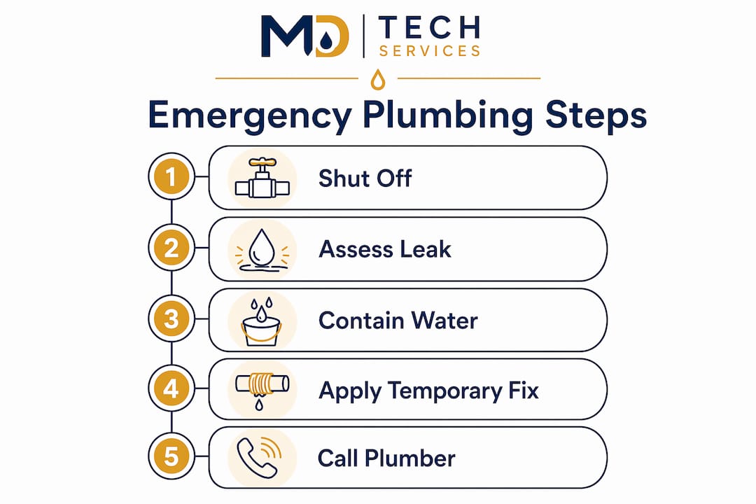 Infographic illustrating emergency plumbing steps