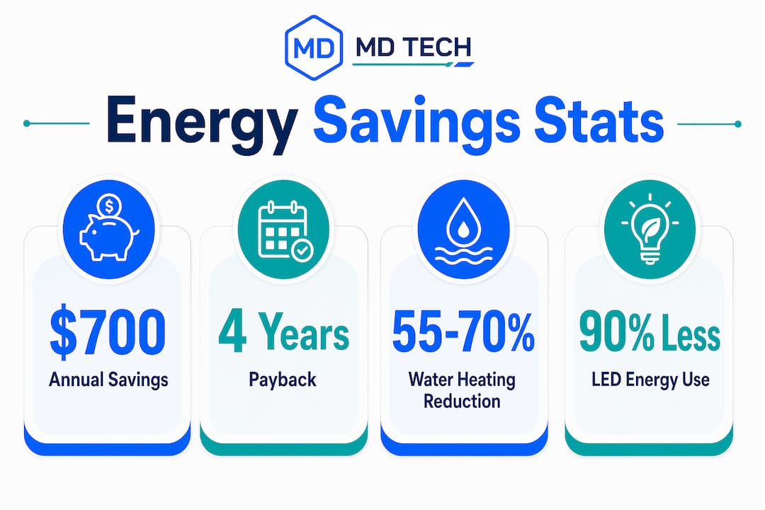 Infographic showing energy saving statistics and facts