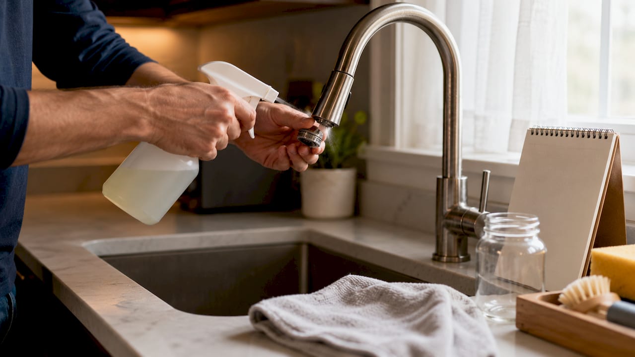Hands cleaning faucet aerator with checklist nearby