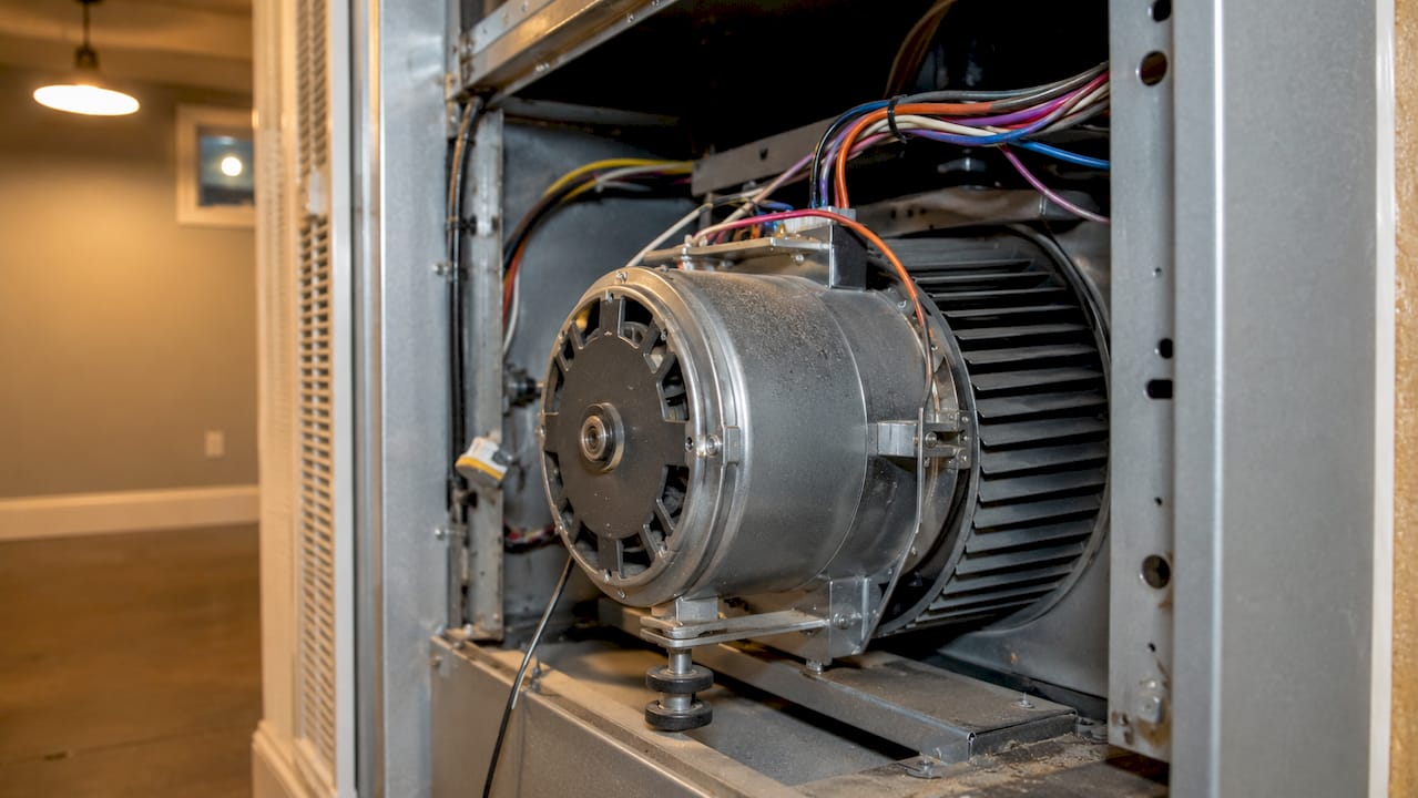 Close-up of blower motor and fan assembly