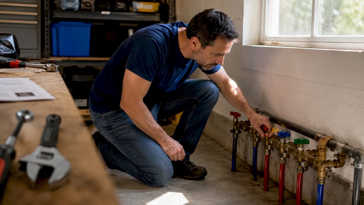 Homeowner inspecting water shutoff valves