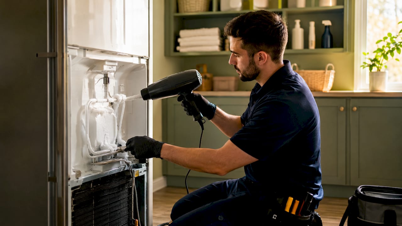 Hands thawing frozen ice maker fill tube with hair dryer
