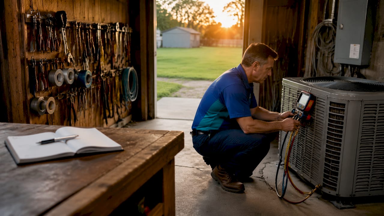 HVAC technician checking system pressures indoors