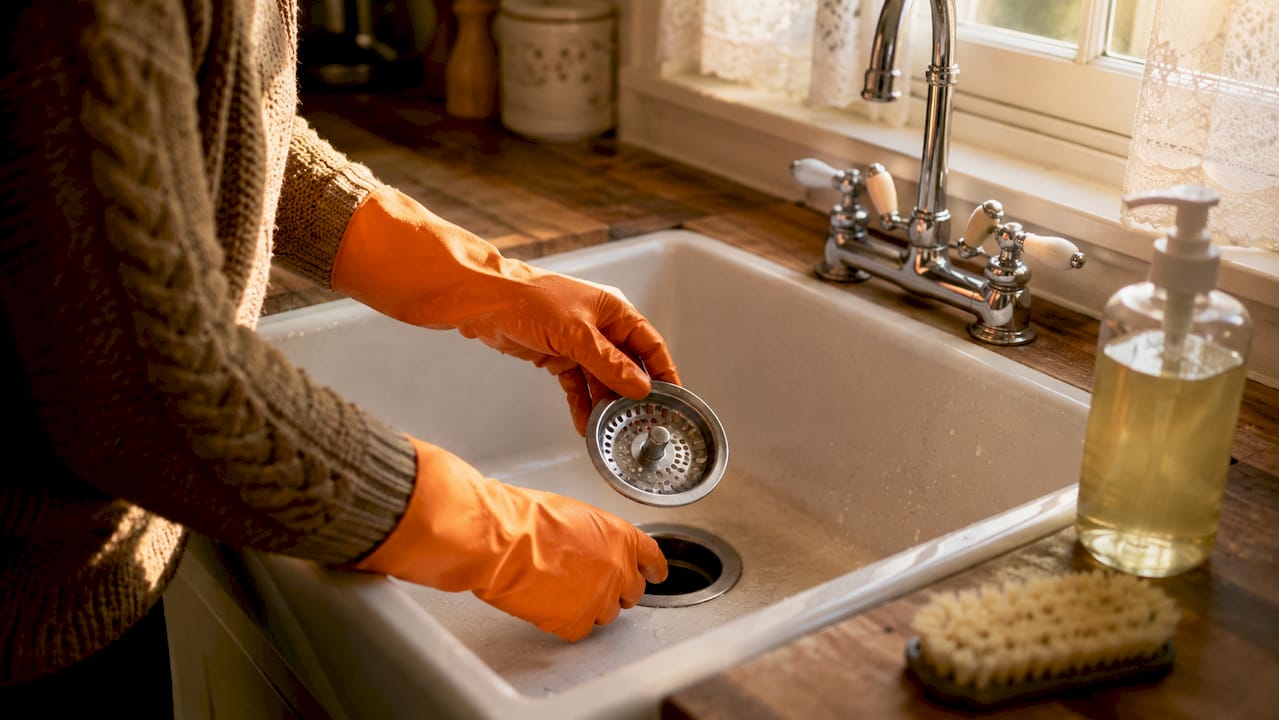 Hands cleaning kitchen sink drain strainer