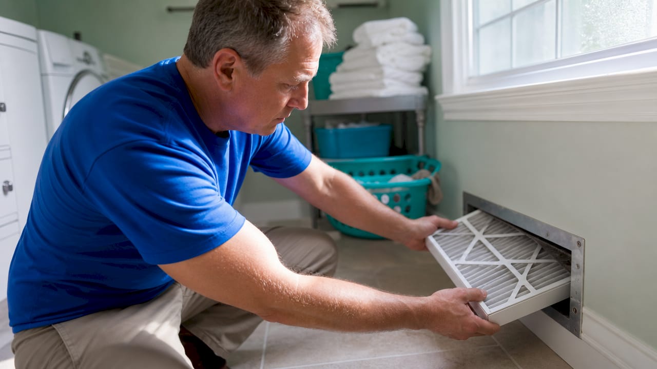 Hands removing dirty HVAC air filter