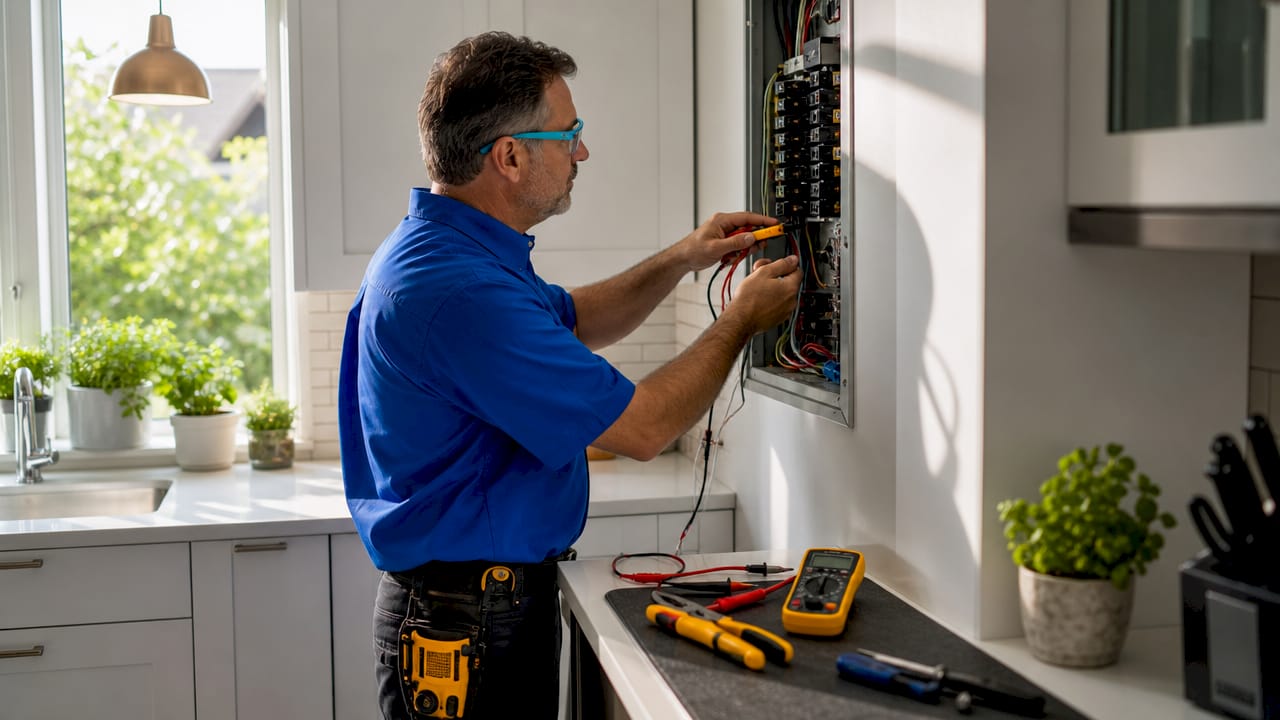 Electrician inspecting home electrical panel