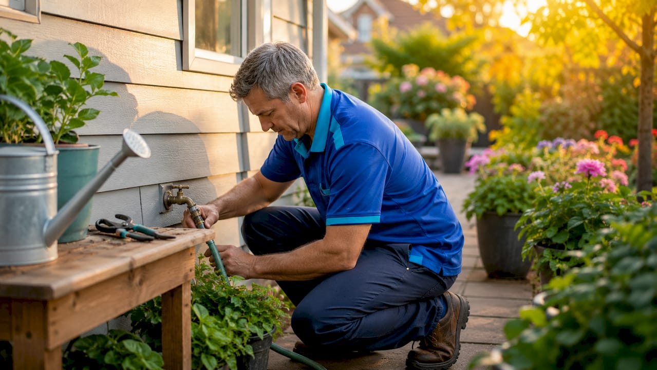 Homeowner cleaning gutters on ladder outdoors in spring